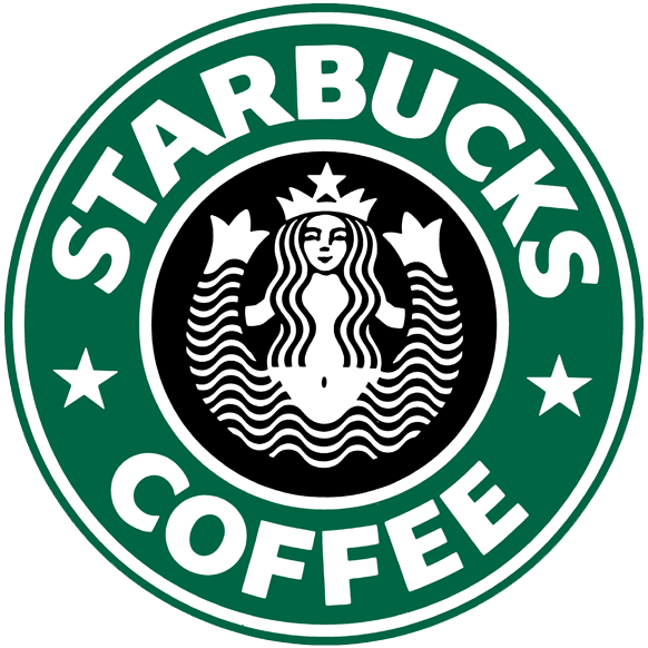 the 1987 Starbucks logo in green, white, and black